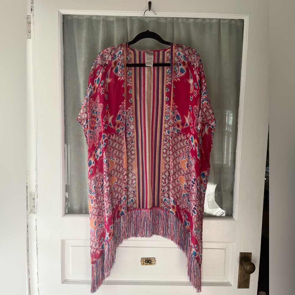 Chico’s Sz L/XL Linen Blend Colorful Pink Floral Fringe Kimono